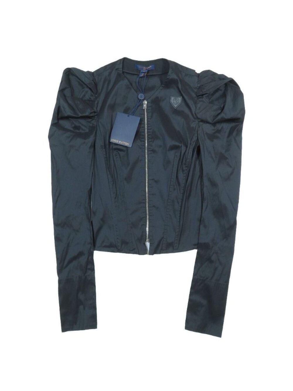 Louis Vuitton LV Logo Leather Patch Power Shoulder Puff Sleeve Silk Jacket 32